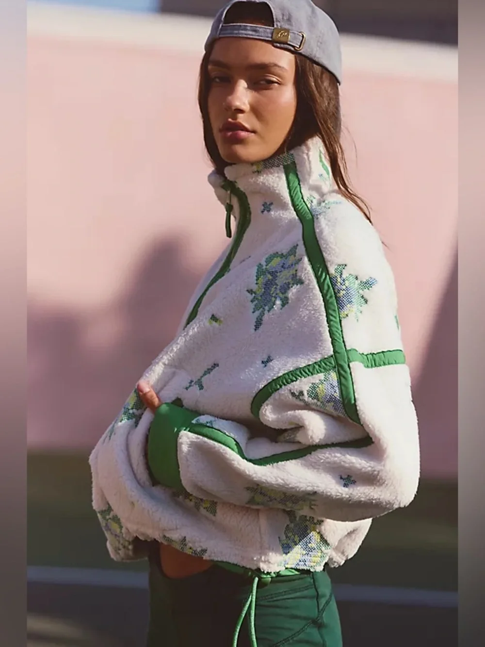 Free People Mountain High Embroidered Half Zip Fleece